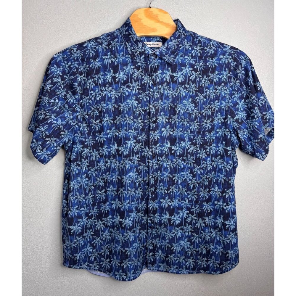 Tommy Bahama Paradise Palms Button-Down Silk Blend Blue Short Sleeve Shirt XL